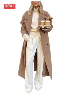 Long Wool Blend Overcoat Big Notch Lapel Double Breasted Fall Winter Coat